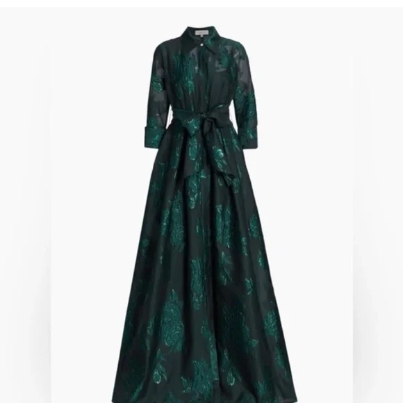 teri jon jacquard shirtdress gown with floral print in emerald - Picture 1 of 5